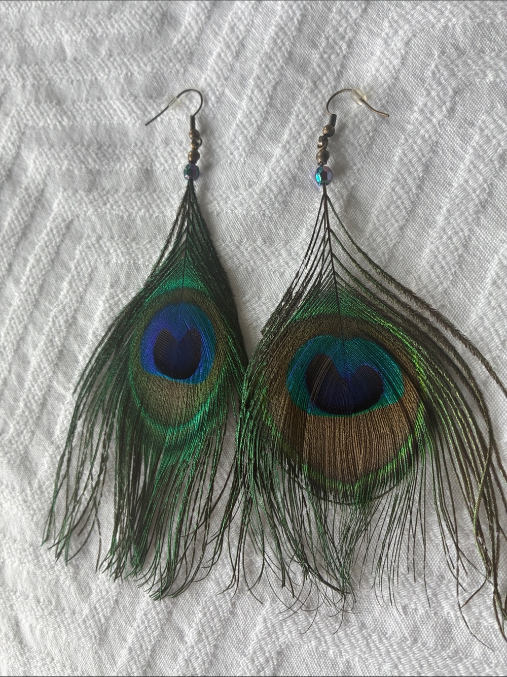 Handmade Peacock Feather Drop Earrings in Green & Blue